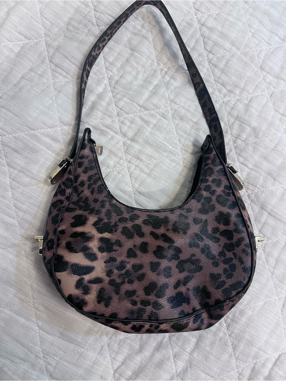 Leopard Print Crescent Shoulder Bag - Brown